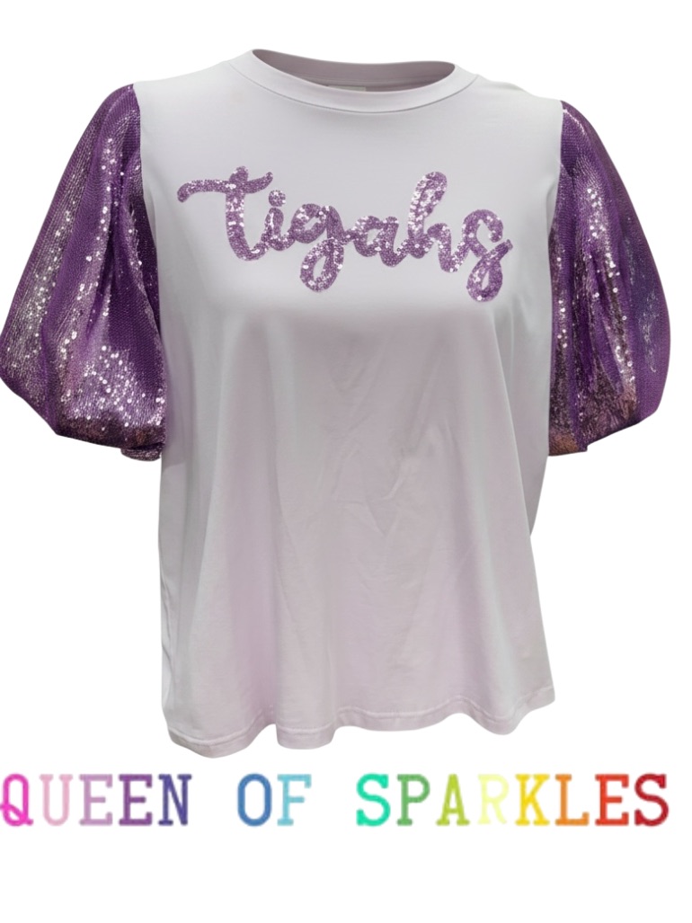 New! Queen Of Sparkles Lavender "Tigahs" Top With Purple Sequin Puff Sleeves